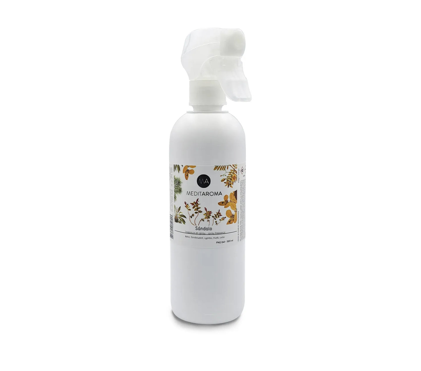 Ambientador de Sándalo de 500ml bote blanco con visor de cantidad de fragancia y pulverizador