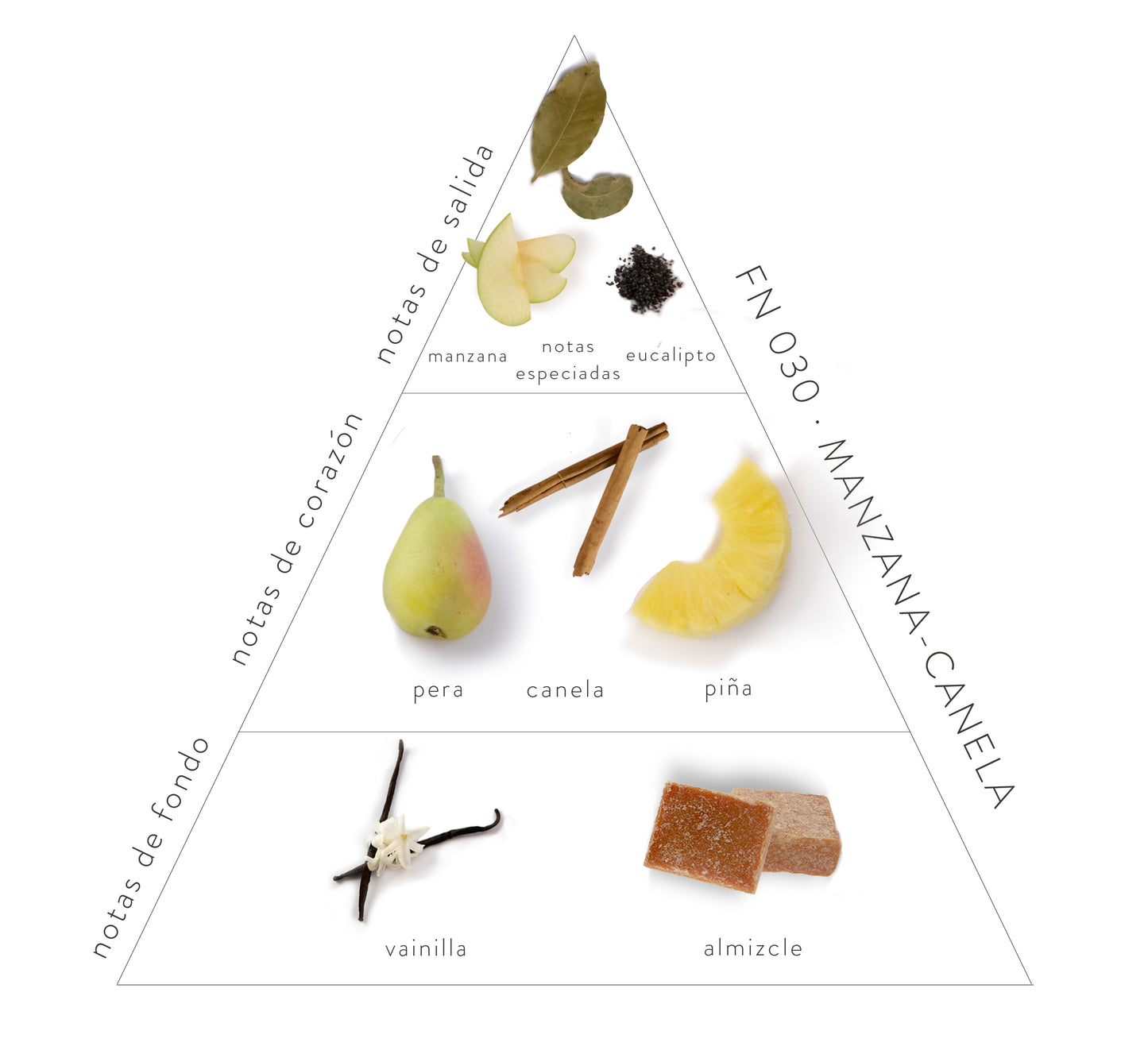 Pirámide Olfativa Manzana-Canela: Notas de salida: manzana, notas especiadas y eucalipto. Notas de corazón: pera, canela y piña. Notas de fondo: vainilla y almizcle.
