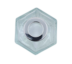 Bote 100 ml hexagonal transparente con tapón plateado para recarga de mikado. Plano cenital