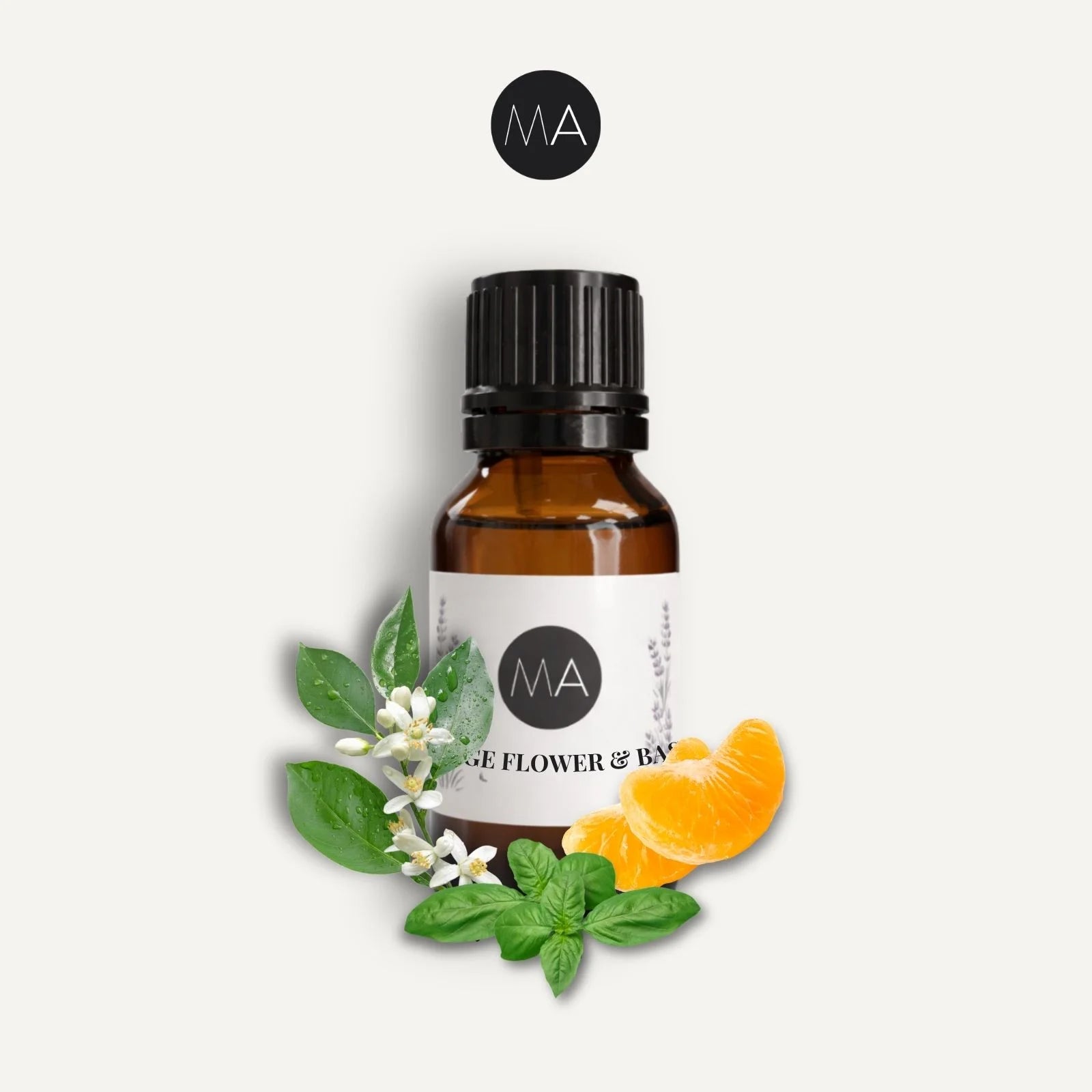 Bote con cuentagotas esencias para humidificador, fragancia Orange Flower & Basil floral y elegante.