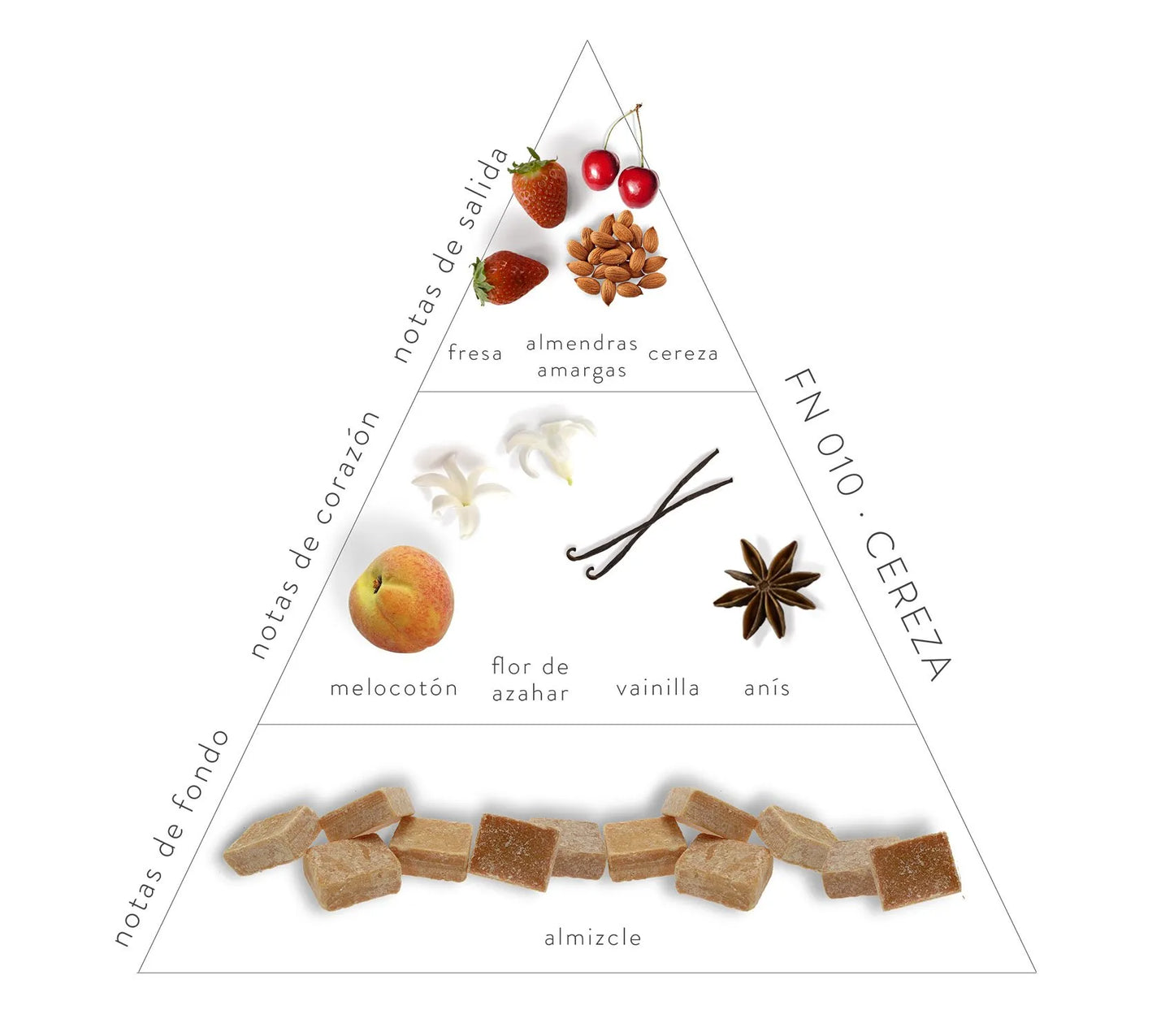 Pirámide olfativa Cereza; Notas de salida: fresa, almendras amargas y cereza. Notas de corazón: melocotón, flor de azahar y anís. Notas de fondo: almizcle.