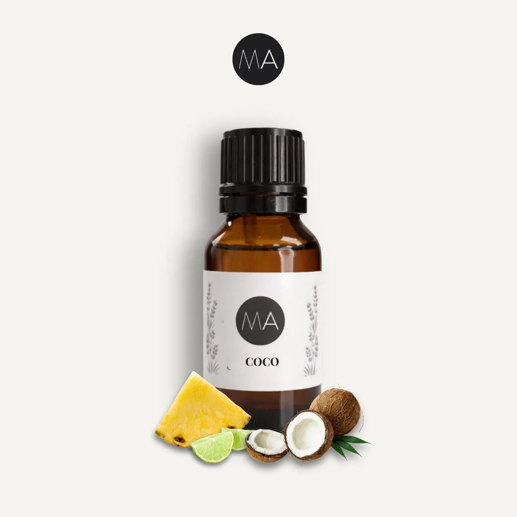 Bote con cuentagotas esencias para humidificador, fragancia Coco tropical y elegante.