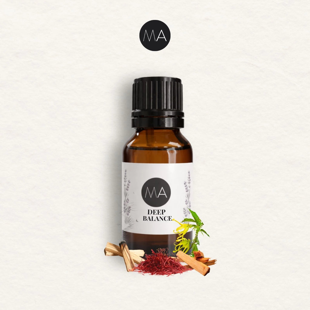 Bote con cuentagotas esencias para humidificador, fragancia Deep Balance amaderada y elegante.