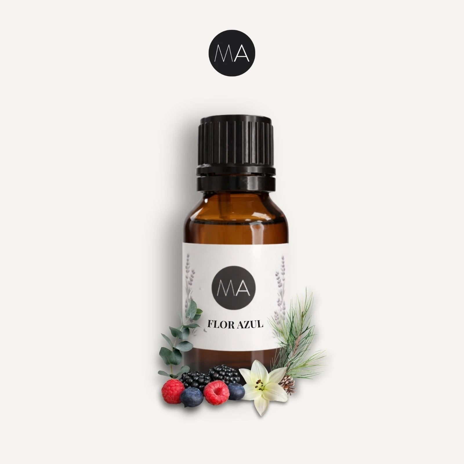 Bote con cuentagotas esencias para humidificador, fragancia Flor Azúl fresca y elegante.