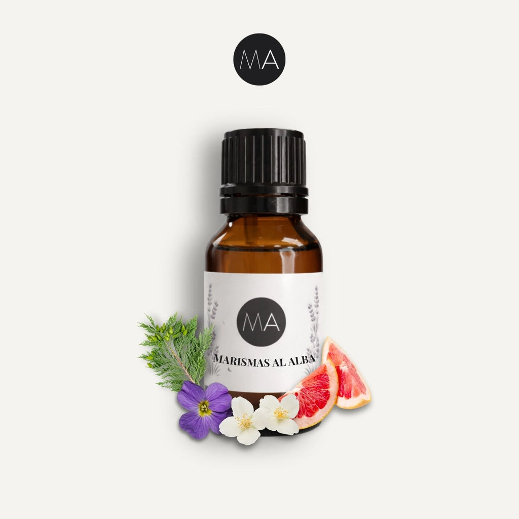 Bote con cuentagotas esencias para humidificador, fragancia Marismas al Alba fresca y elegante.