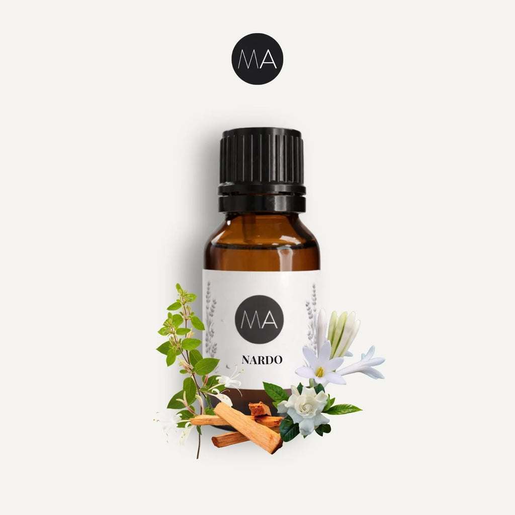 Bote con cuentagotas esencias para humidificador, fragancia Nardo Recién Cortado floral y elegante.
