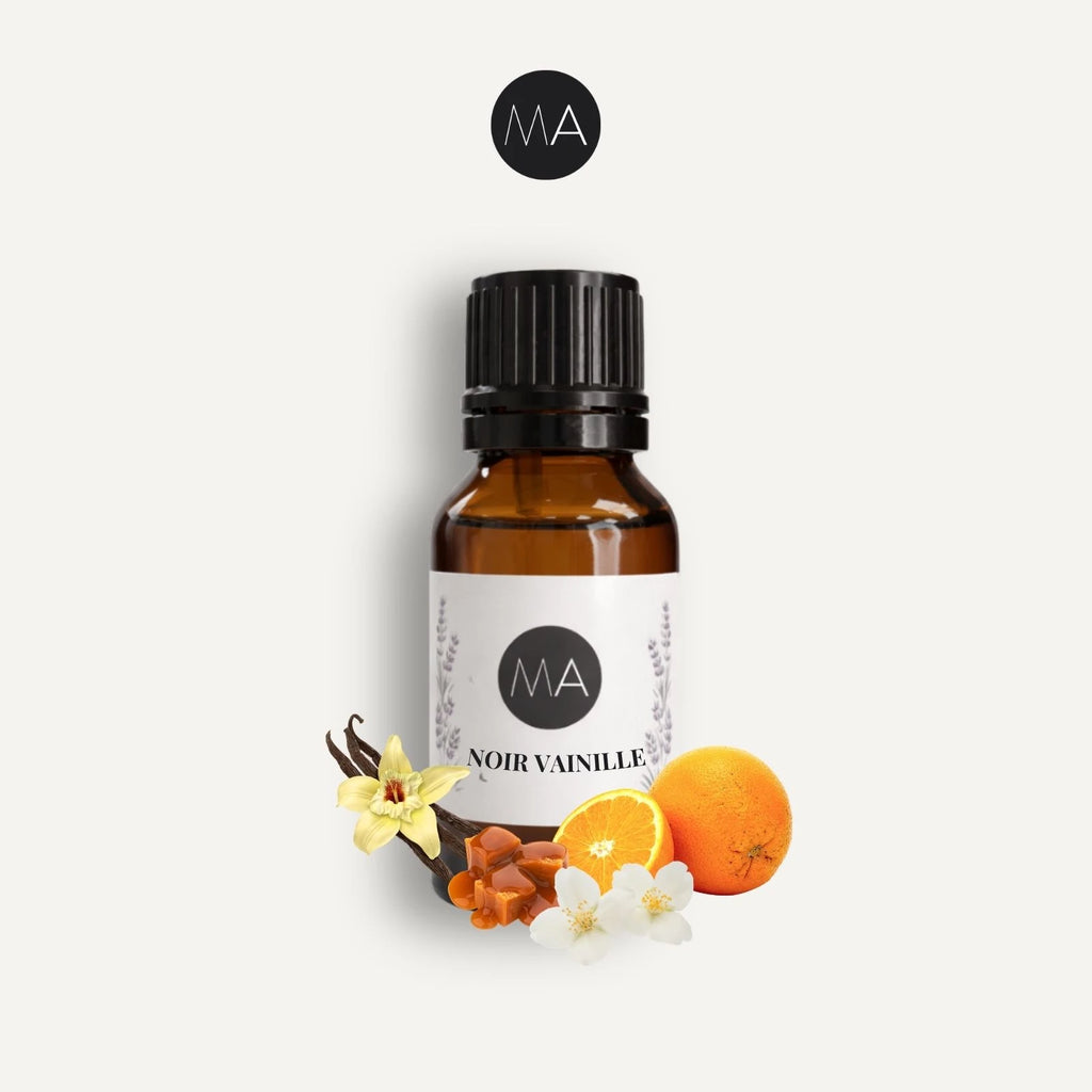Bote con cuentagotas esencias para humidificador, fragancia Noir Vainille amaderada y elegante.