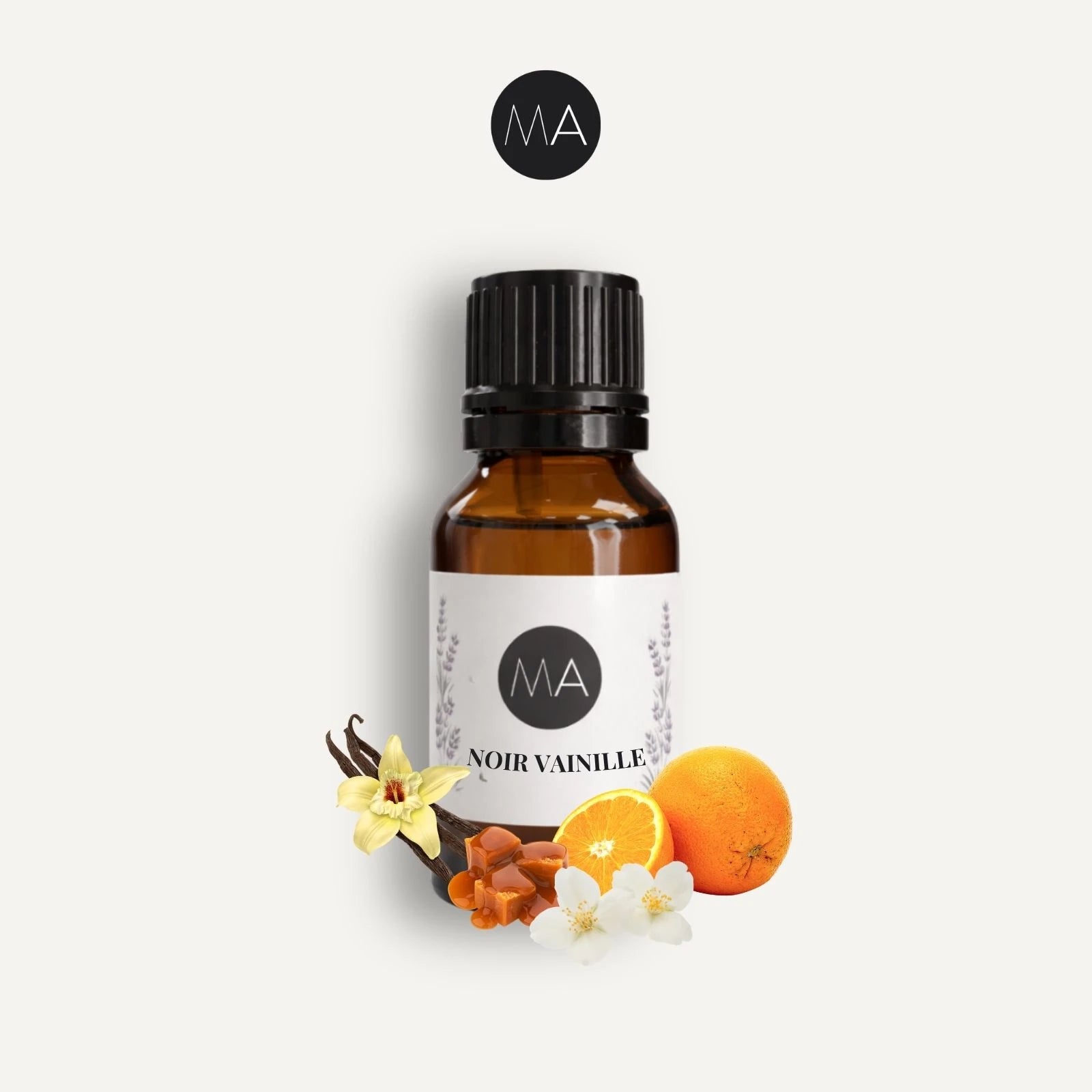 Bote con cuentagotas esencias para humidificador, fragancia Noir Vainille amaderada y elegante.