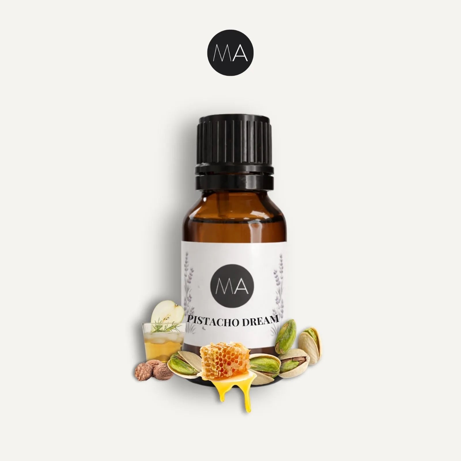 Bote con cuentagotas esencias para humidificador, fragancia Pistachio Dream tropical y elegante.