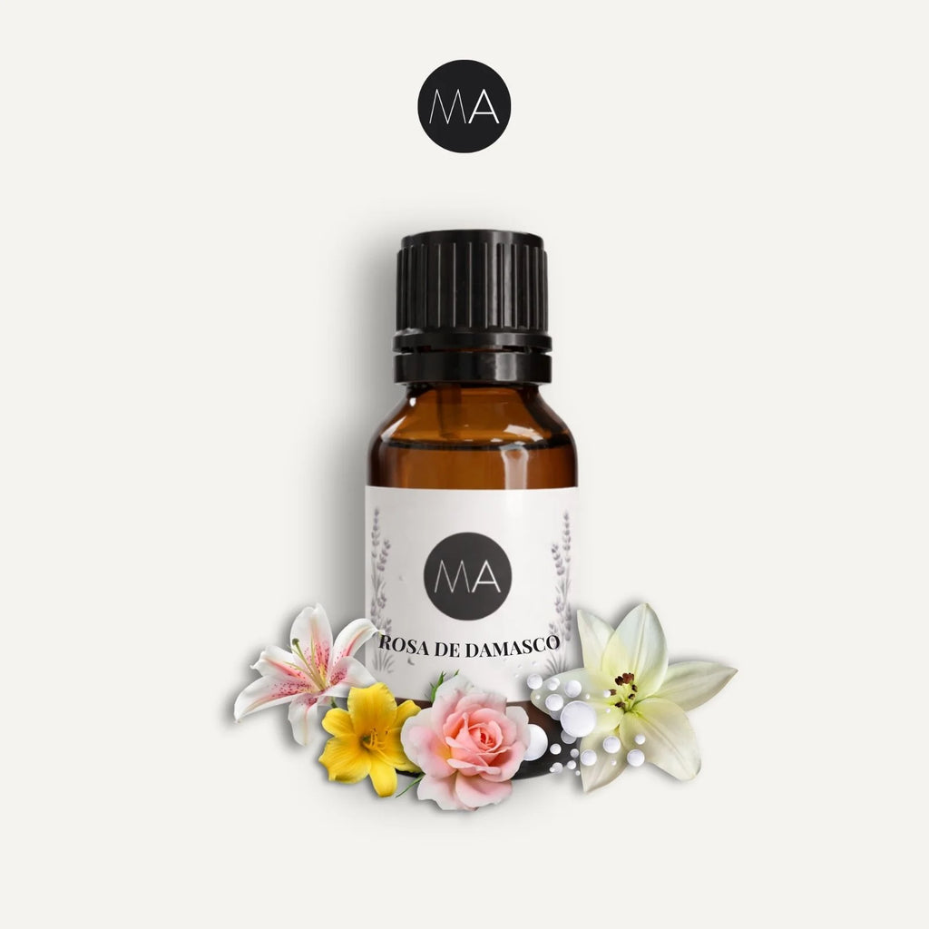 Bote con cuentagotas esencias para humidificador, fragancia Rosa de Damasco floral y elegante.