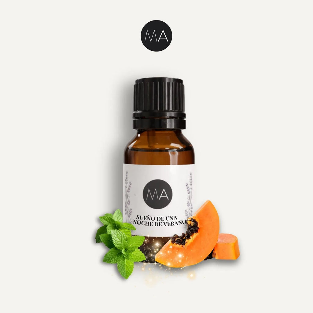 Bote con cuentagotas esencias para humidificador, fragancia Sueño de una Noche de Verano tropical y elegante.