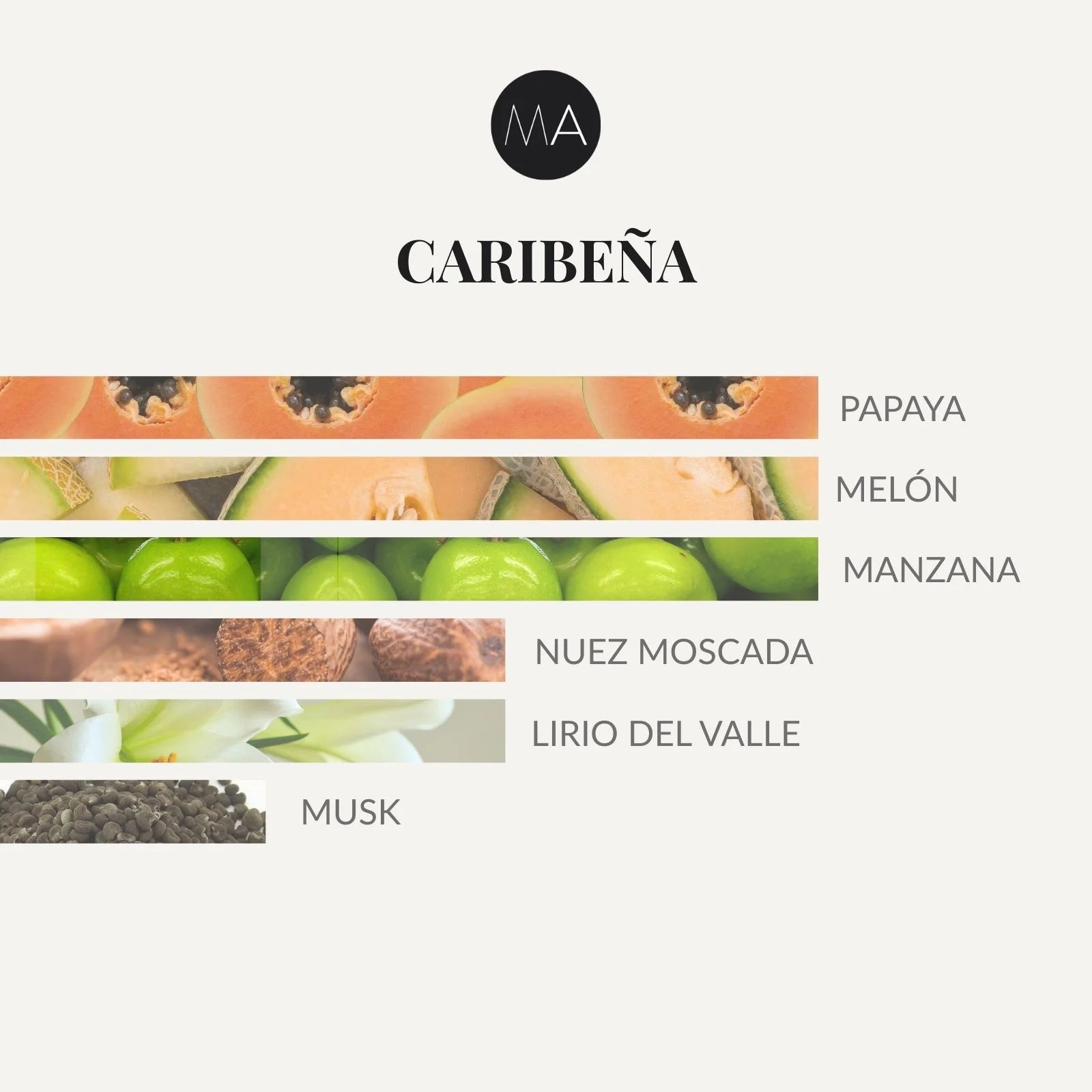 Pirámide olfativa de Caribeña con notas de salida de papaya y melón, corazón afrutado de manzana y lirio del valle con toque de nuez moscada y fondo suave de musk