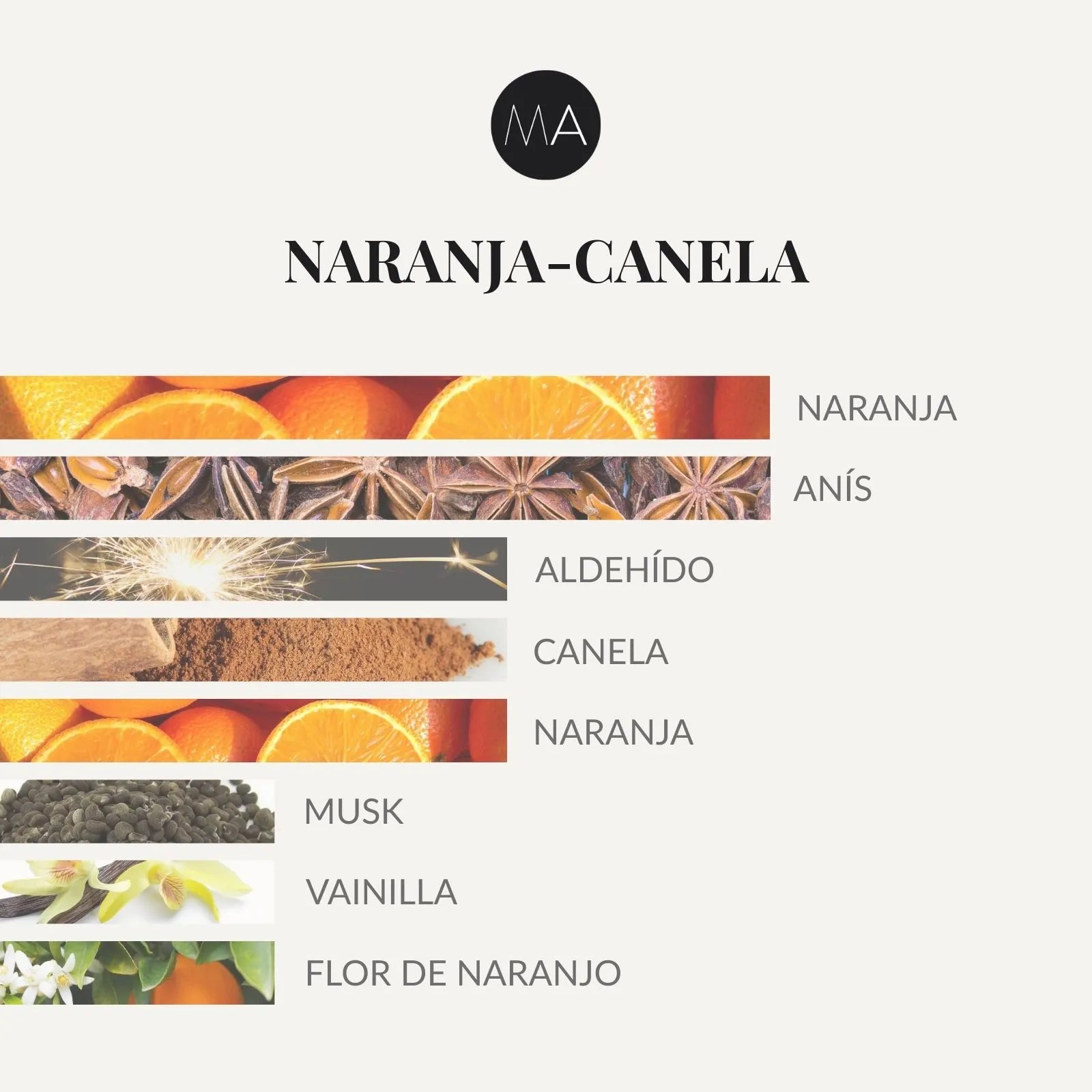 Composición olfativa Naranja-Canela con frescura vibrante y calidez envolvente equilibrada