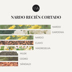 Composición olfativa Nardo Recién Cortado con flores blancas intensas, matices verdes y fondo elegante de maderas y musk