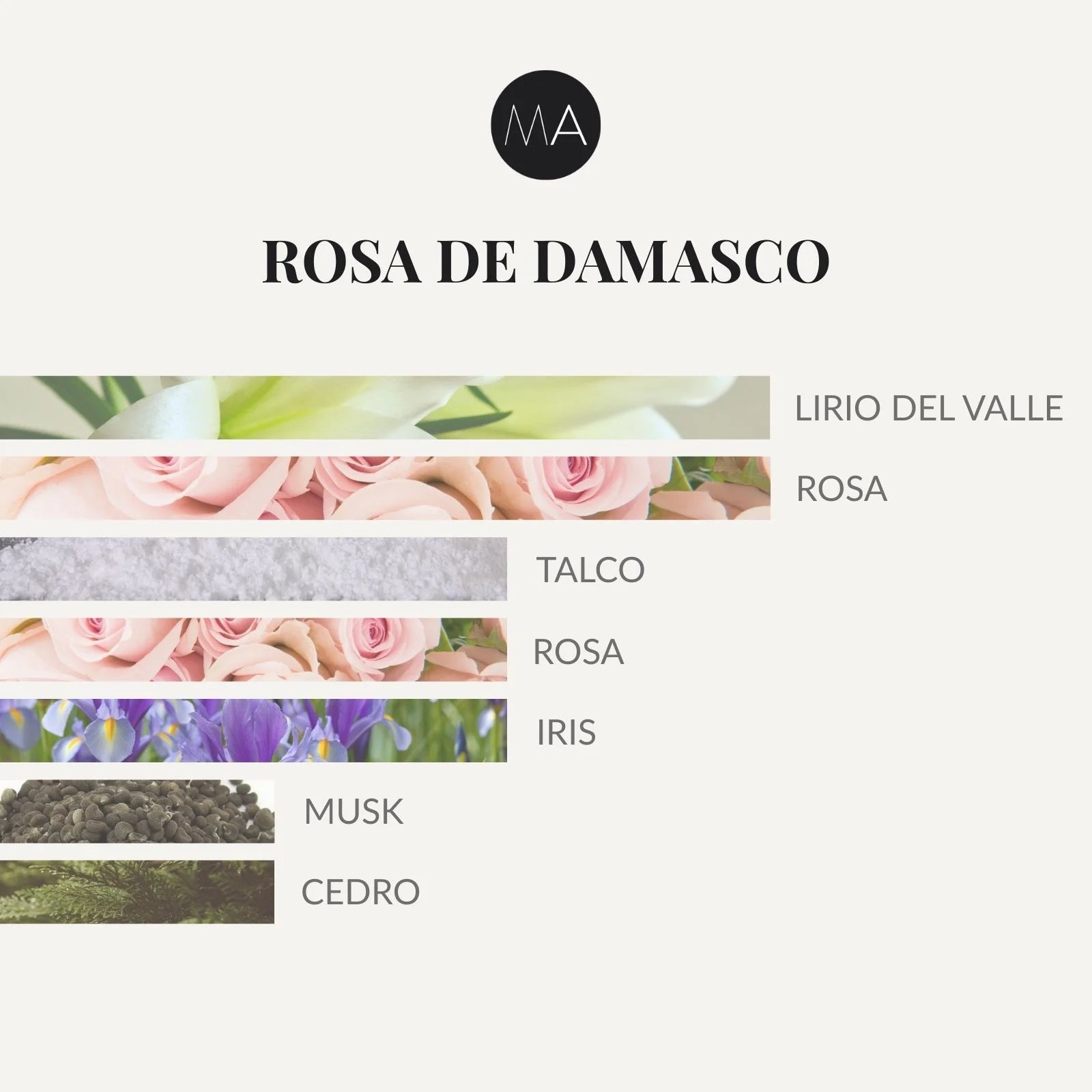 Composición olfativa Rosa de Damasco con rosa sofisticada, matices empolvados y fondo elegante de iris, cedro y musk