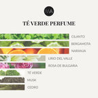 Composición olfativa Té Verde Perfume con cítricos frescos, notas verdes y un fondo suave, limpio y equilibrado