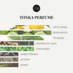 Composición olfativa de Tonka Perfume con salida de petit grain, bergamota y té verde, corazón de madera de gaiac y coriandro, y fondo de habas tonka, vetiver y cedro