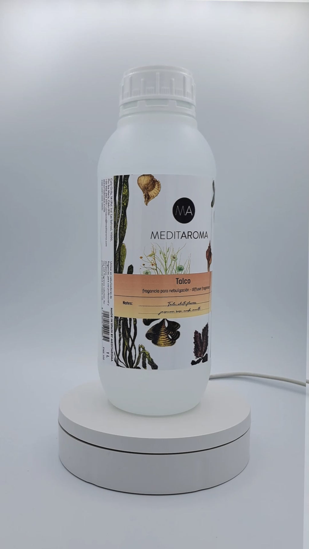 Vídeo de bote y etiqueta de ambientador para nebulización de fragancia Talco