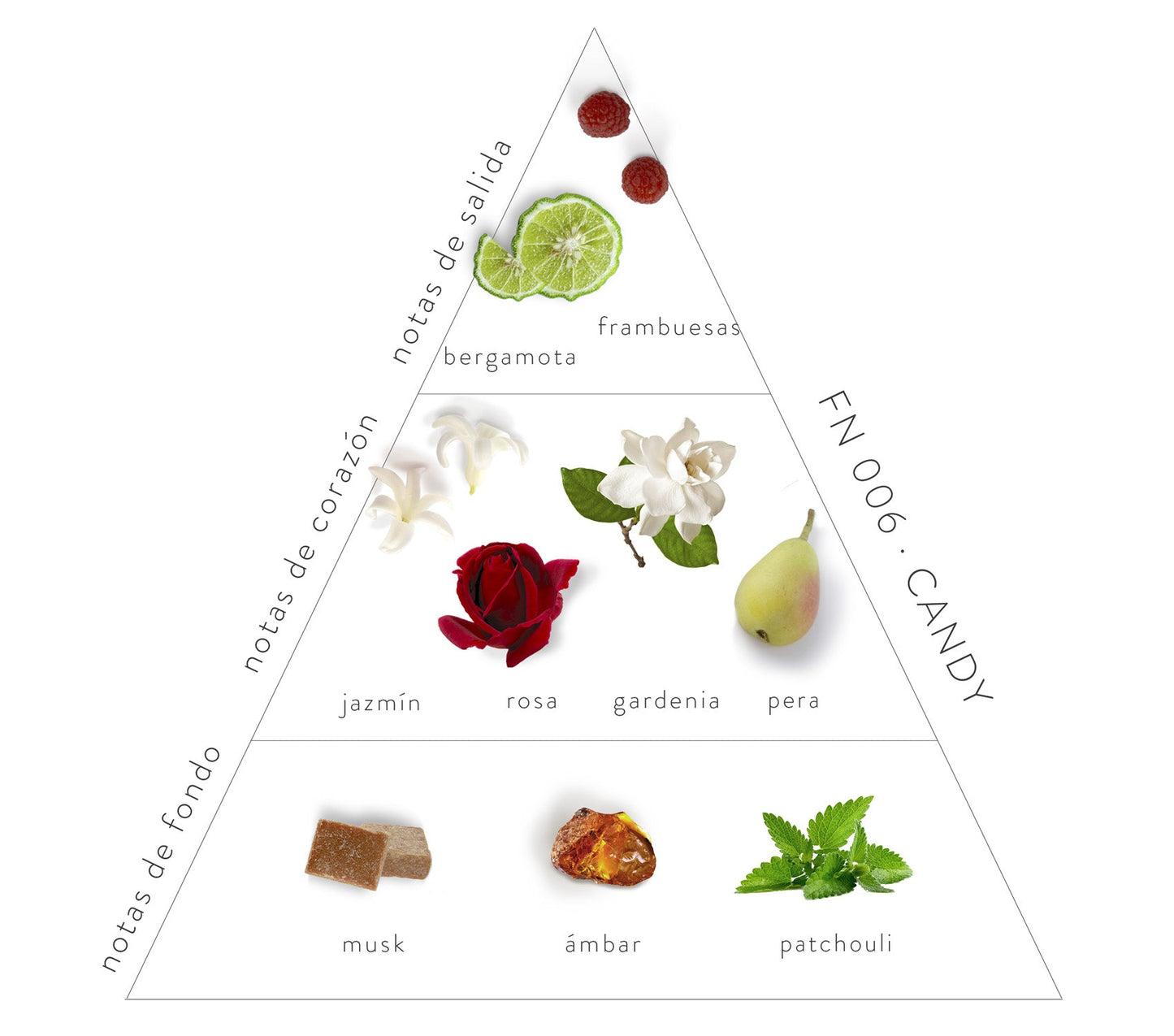 Pirámide olfativa Candy Perfume: Notas de salida: bergamota y frambuesas. Notas de corazón: jazmín, rosa, gardenia y pera. Notas de fondo; musk, ámbar y patchouli