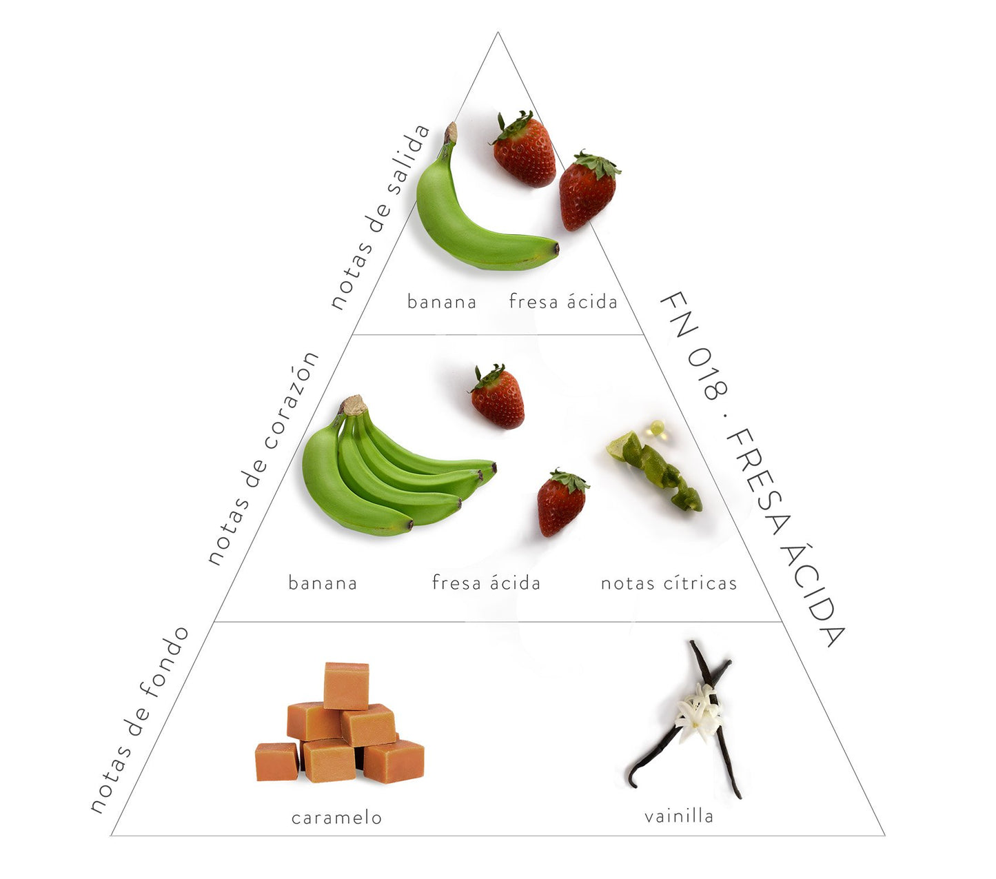 Pirámide Olfativa Fresa Ácida: Notas de salida: banana y fresa ácida. Notas de corazón: banana, fresa ácida y notas cítricas. Notas de fondo: caramelo y vainilla.