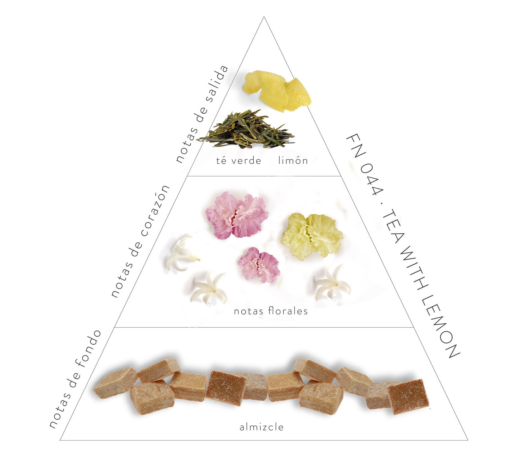 Pirámide Olfativa Tea with Lemon; notas de salida: té verde y limón. Notas de corazón: notas florales. Notas de fondo: almizcle.